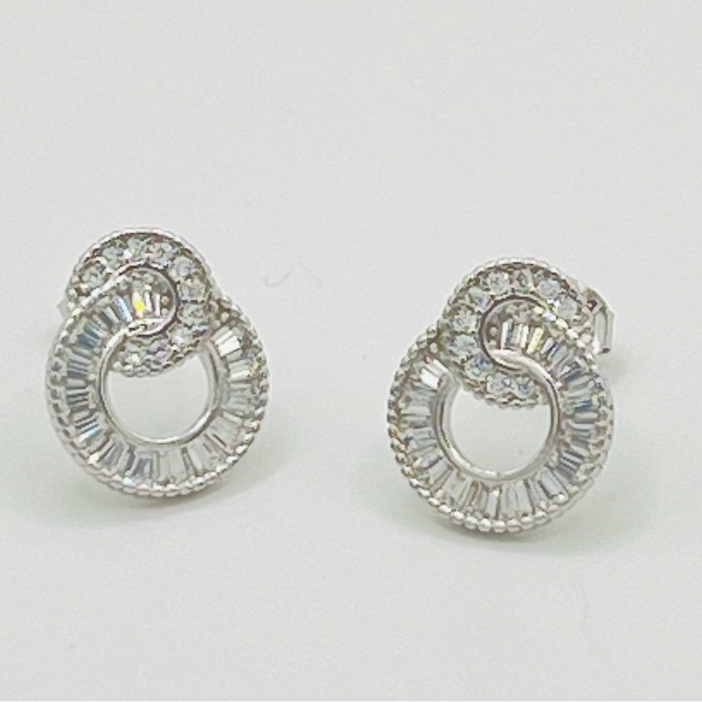 Sterling Silver Double Circle Baguette and Round Crystal Post Earrings